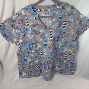 Women’s XL UA Scrubs Nautical-Themed V-Neck Top ⚓💙🌬️✨